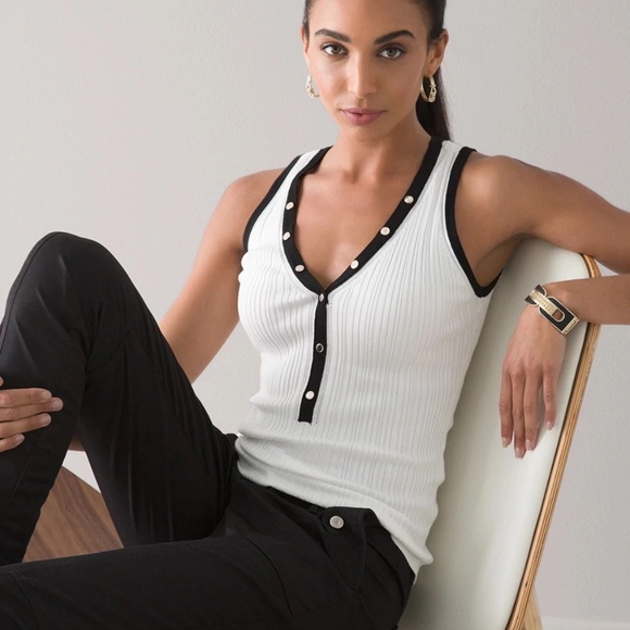 WHBM Women’s White with Black Trim V-Neck Snap Front Rib Knit Sweater Tank Sz-L - Picture 1 of 5